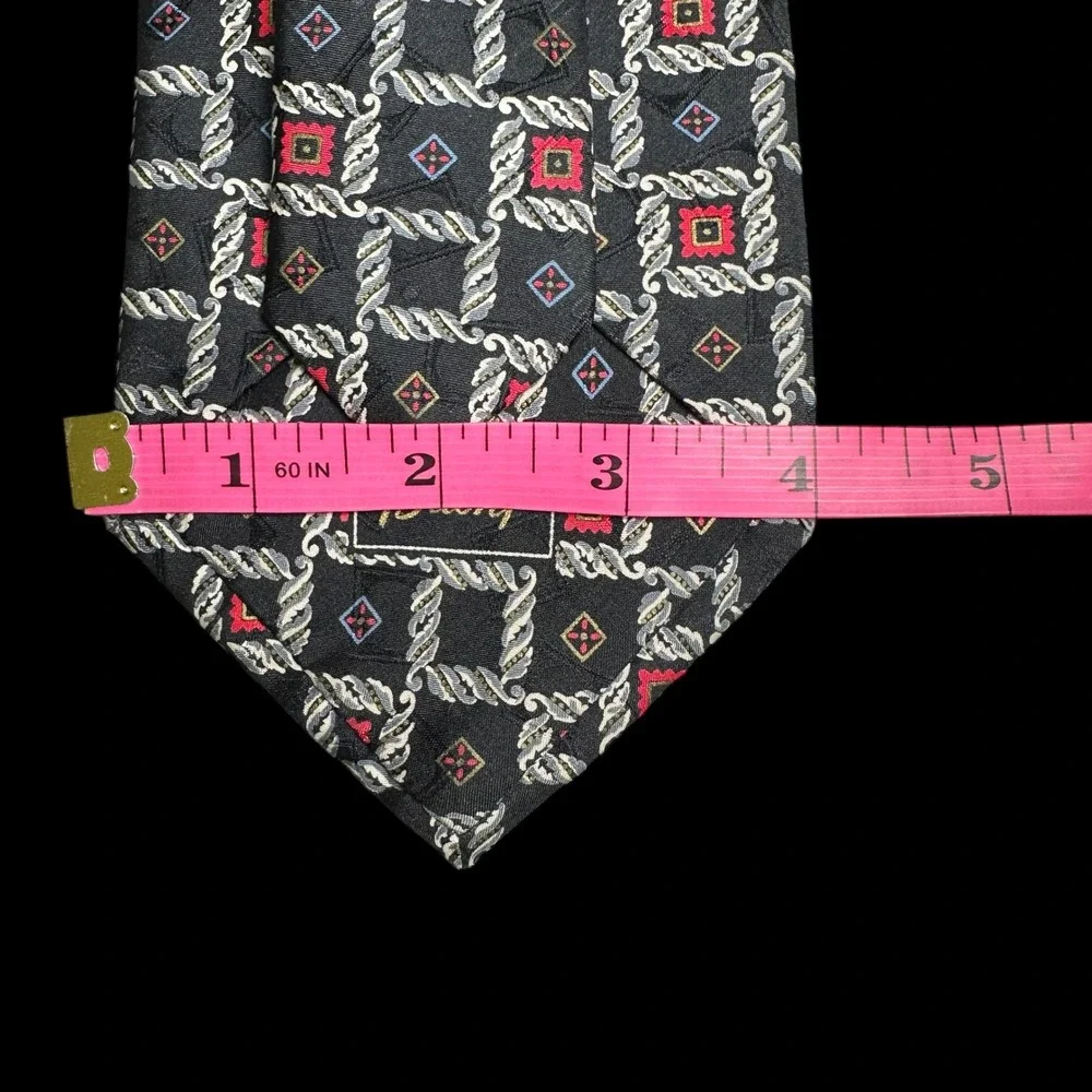 Brioni Mens Silk Tie Black Red Silver Rope‎ Medallion Geometric Handmade Italy
